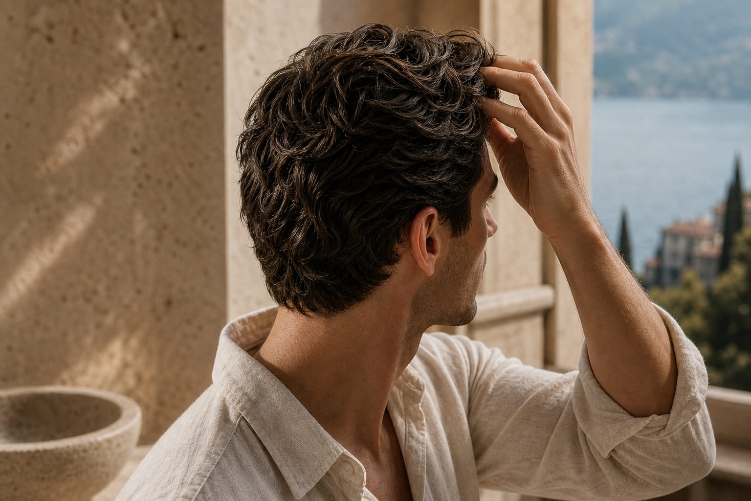 Close cropped men's hair texture in warm villa light