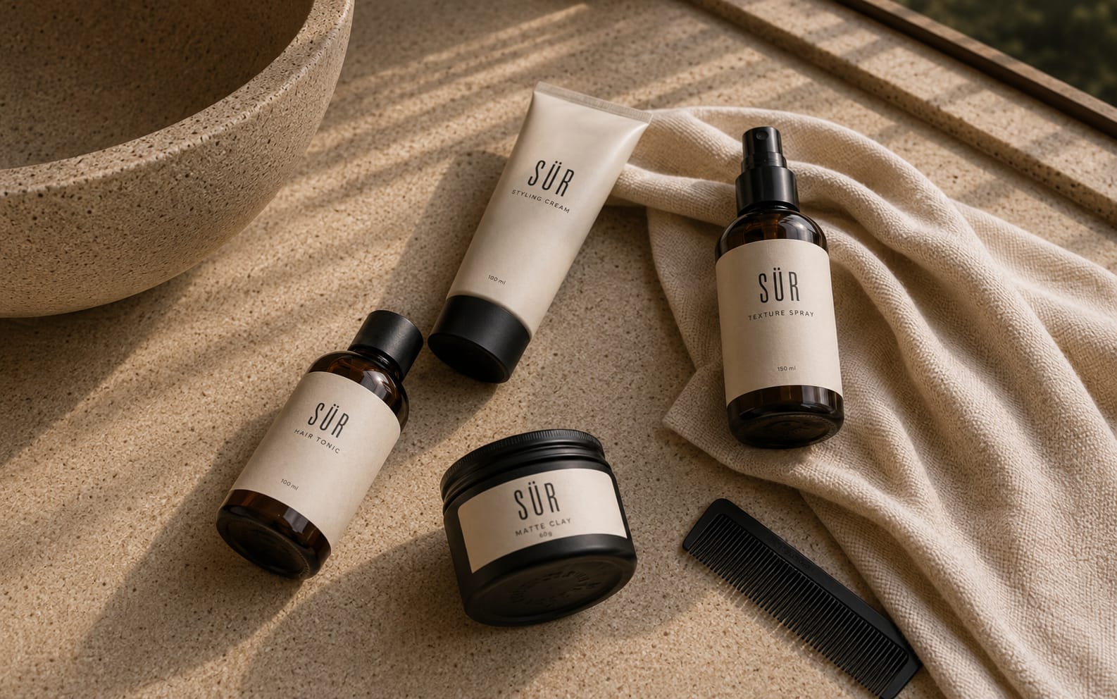 SÜR products placed casually on warm stone and linen